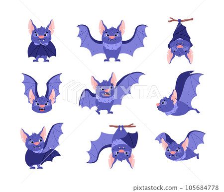 Set of funny blue bats in different poses flat style, vector illustration 105684778