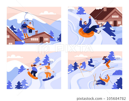 Ski resort banners or cards flat cartoon style set of vector illustrations. 105684782