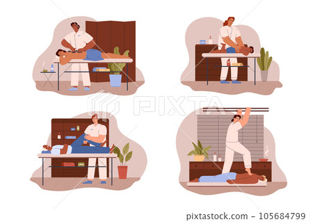 Set of scenes about massage flat style, vector illustration Set of scenes about massage flat style, vector illustration 105684799