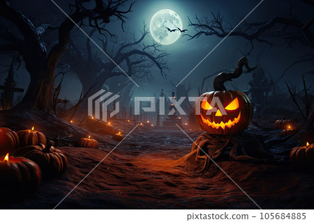 Halloween festive background for invitation card party with pumpkins Jack O lantern, spooky forest at night, bat, spiders and moon, Ghost day festival concept, with Generative Ai. 105684885