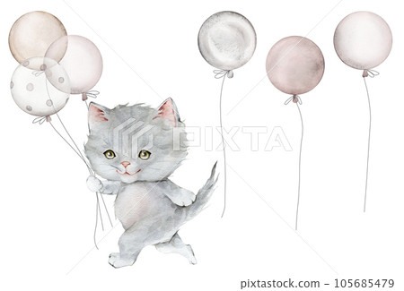 Set with little fluffy gray kitten and balloon. Watercolor hand drawn. Scottish fold isolated on white background. Spotted cat. Pet cartoon for kids, posters, stickers, textile. 105685479