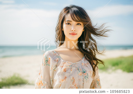 Beautiful Japanese woman standing on a refreshing beach Beautiful Japanese woman standing on a refreshing beach 105685823