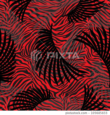 Tropical palm leaves jungle on tiger fur seamless vector pattern background 105685833