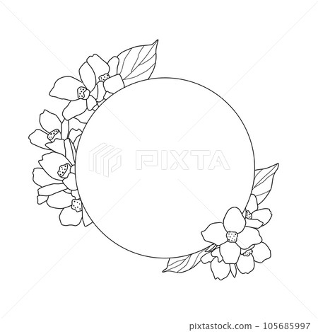 Wreath of simple twigs with flowers. Circle frame with black lines on white background, sketch, Doodle style. Hand drawn vector illustration with copy space 105685997