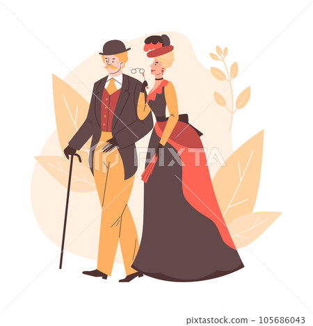 Historic Victorian man and woman characters, flat vector illustration isolated. Historic Victorian man and woman characters, flat vector illustration isolated. 105686043