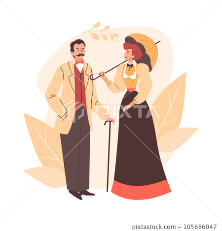 Victorian nineteenth century couple in vintage costumes, flat vector isolated. Victorian nineteenth century couple in vintage costumes, flat vector isolated. 105686047