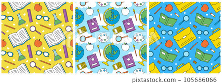 Set of Happy Teacher Seamless Pattern Design Educational Style Elements in Template Hand Drawn Cartoon Flat Illustration 105686066