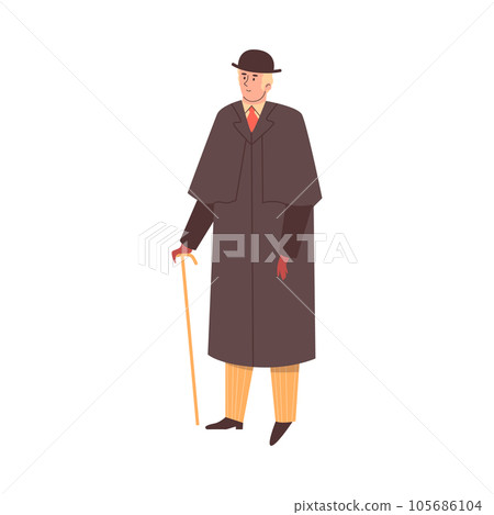 Elegant nineteenth century gentleman in coat, flat vector illustration isolated. 105686104