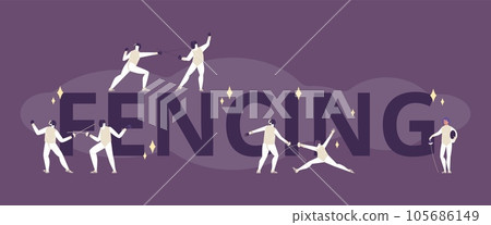 Fencing header with fencers tiny characters banner, flat vector illustration. 105686149
