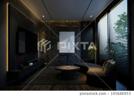 Minimal living room animation with black tones. 3D illustration rendering Minimal living room animation with black tones. 3D illustration rendering 105686953