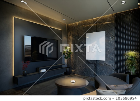 Minimal living room animation with black tones. 3D illustration rendering 105686954