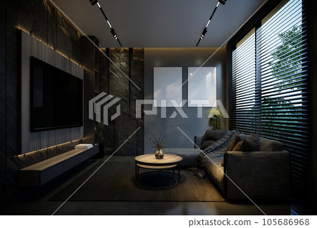 Minimal living room animation with black tones. 3D illustration rendering 105686968