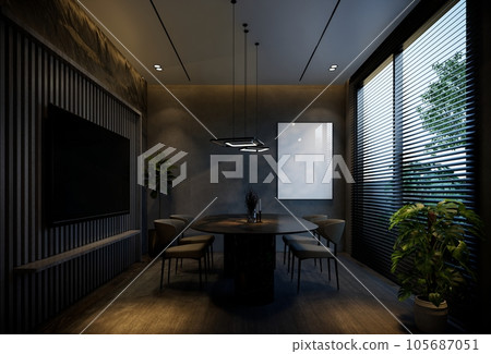 Minimal dining room interior with black tones. 3D illustration rendering Minimal dining room interior with black tones. 3D illustration rendering 105687051