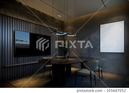 Minimal dining room interior with black tones. 3D illustration rendering Minimal dining room interior with black tones. 3D illustration rendering 105687052