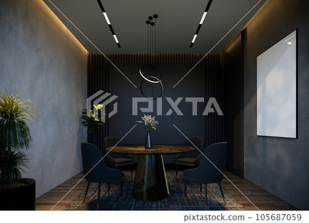 Minimal dining room interior with black tones. 3D illustration rendering 105687059
