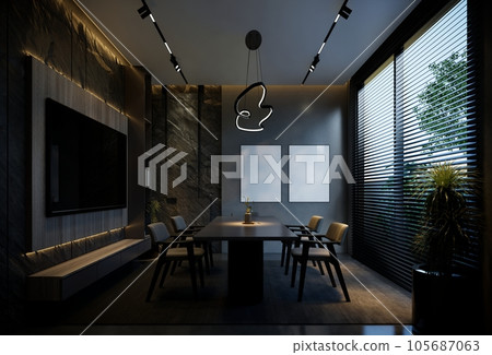 Minimal dining room interior with black tones. 3D illustration rendering 105687063