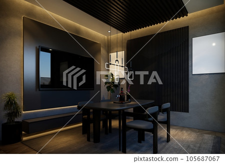 Minimal dining room interior with black tones. 3D illustration rendering 105687067