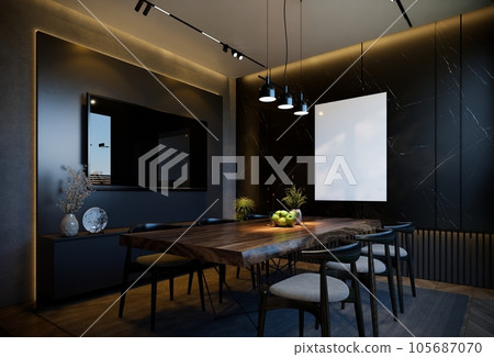 Minimal dining room interior with black tones. 3D illustration rendering Minimal dining room interior with black tones. 3D illustration rendering 105687070