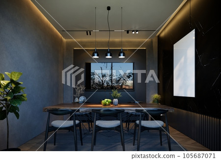 Minimal dining room interior with black tones. 3D illustration rendering Minimal dining room interior with black tones. 3D illustration rendering 105687071