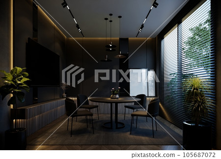 Minimal dining room interior with black tones. 3D illustration rendering 105687072