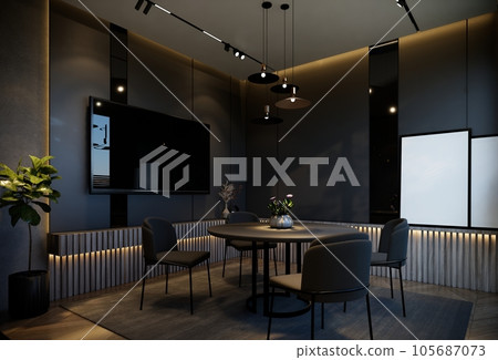 Minimal dining room interior with black tones. 3D illustration rendering Minimal dining room interior with black tones. 3D illustration rendering 105687073