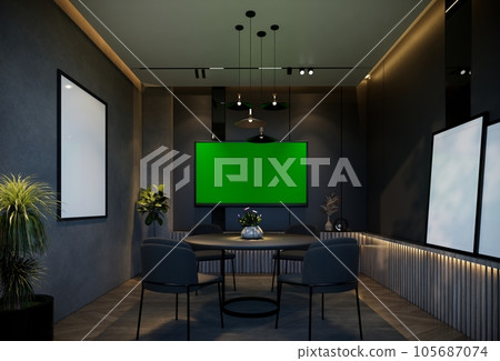 Minimal dining room interior with black tones. 3D illustration rendering Minimal dining room interior with black tones. 3D illustration rendering 105687074