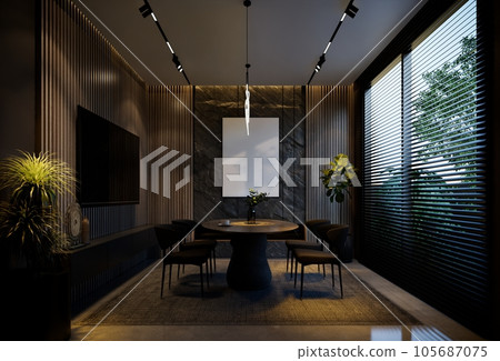 Minimal dining room interior with black tones. 3D illustration rendering Minimal dining room interior with black tones. 3D illustration rendering 105687075