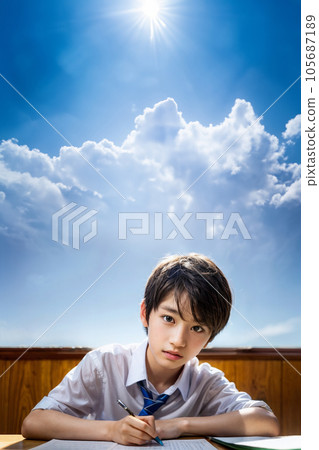 一個穿著制服的男孩在人工智能生成的藍天圖像下學習 105687189
