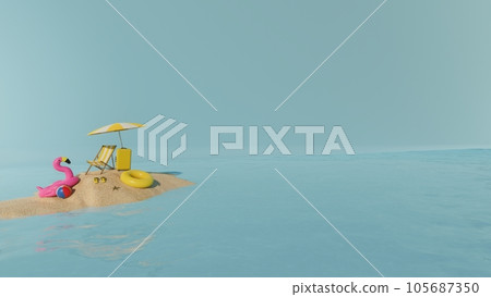 Travel and vacation background. 3D illustration with beautiful blue ocean and island background.background summer design with blank space for text. Travel and vacation background. 3D illustration with beautiful blue ocean and island background.background summer design with blank space for text. 105687350