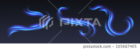 Cold air flow effect, fresh breeze, winter freezing wind, blue light trails with sparkles. Northern lights overlay. 105687405