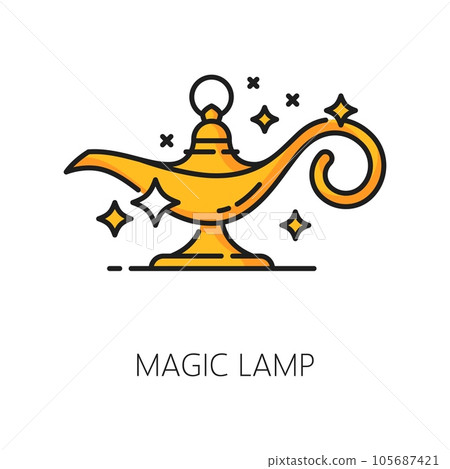 Magic lamp, witchcraft and magic icon. Vector linear enchanting and mystical Aladdin lantern holds untold power and grants wishes. Symbol of possibility and wonder, extraordinary and transformations 105687421
