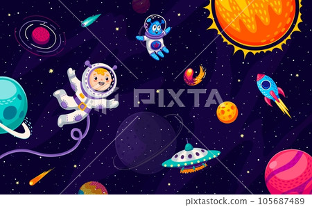 Cartoon kid astronaut, alien, ufo and rocket at galaxy space. Vector little boy cosmonaut character exploring the vast expanse of the Universe, floats among planets and encounters shuttle or starship 105687489