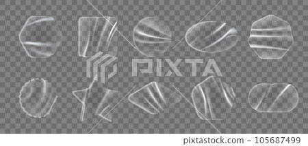 Adhesive geometric transparent plastic stickers, overlay patches. Clear, wrinkled, sticky labels. Isolated realistic 3d vector round, square, star, pentahedron, hexahedron or oval and rhombus shapes 105687499