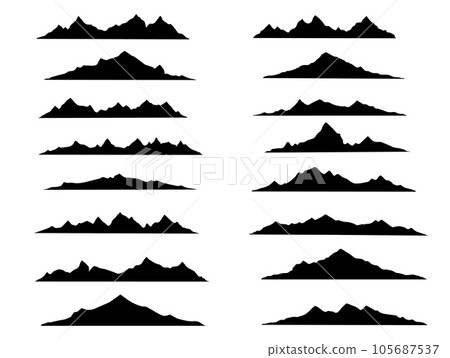 Black hill, rock and mountain silhouettes. Rocky landscape shapes. Isolated vector range of monochrome ridges. Alps with summit peaks, set of elements for adventure, rocks climbing, travel and hiking Black hill, rock and mountain silhouettes. Rocky landscape shapes. Isolated vector range of monochrome ridges. Alps with summit peaks, set of elements for adventure, rocks climbing, travel and hiking 105687537
