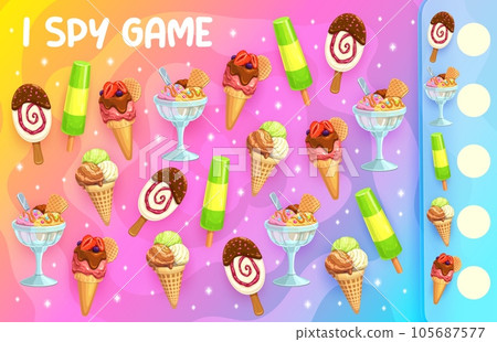 I spy game, count of cartoon ice cream gelato, sundae, chocolate stick and vanilla cone. Kids vector riddle worksheet for mathematics skills development with tasty summer desserts. Math children test 105687577