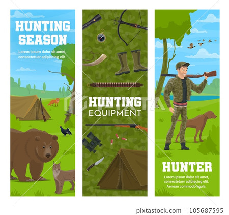 Hunting equipment, hunter and forest animals, vector banners with bear and fox. Hunt season on ducks and wild animals with rifle gun, hunting dog and bullet bandoleer or hunter tent and crossbow 105687595