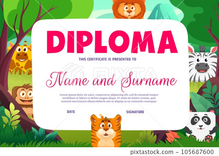 Kids diploma with square animal faces or cartoon zoo characters, vector certificate award template. Lion, tiger and monkey with zebra and panda on school or kindergarten workshop certificate diploma 105687600