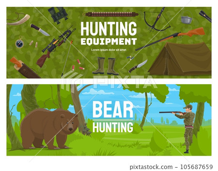 Hunting sport equipment, bear with hunter vector banners. Cartoon hunter character shooting rifle and brown grizzly bear animal with forest trees. Hunting gun, bow, compass, knife, shotgun and tent Hunting sport equipment, bear with hunter vector banners. Cartoon hunter character shooting rifle and brown grizzly bear animal with forest trees. Hunting gun, bow, compass, knife, shotgun and tent 105687659