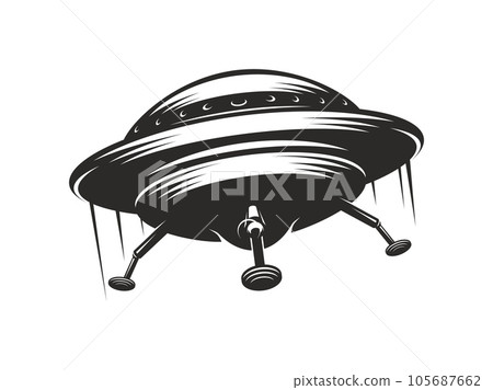 UFO icon, flying saucer with trails, alien spaceship or space galaxy ship, vector martian spacecraft. UFO saucer in retro monochrome, mystic fantasy universe and extraterrestrial galaxy spacecraft UFO icon, flying saucer with trails, alien spaceship or space galaxy ship, vector martian spacecraft. UFO saucer in retro monochrome, mystic fantasy universe and extraterrestrial galaxy spacecraft 105687662