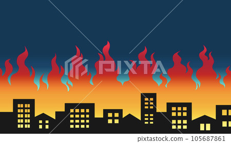 Illustration background material of flames burning beyond the silhouette of the city landscape Illustration background material of flames burning beyond the silhouette of the city landscape 105687861