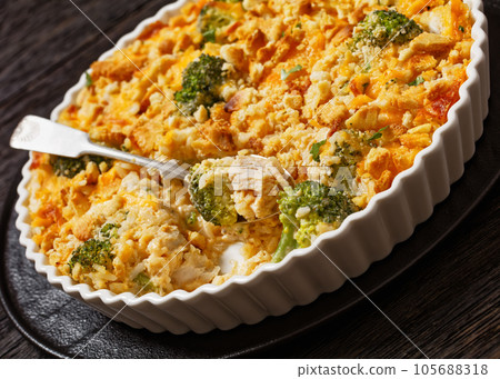 chicken rice broccoli casserole in baking dish chicken rice broccoli casserole in baking dish 105688318