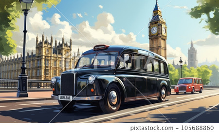 Classic taxi cab in 60s London Classic taxi cab in 60s London 105688860