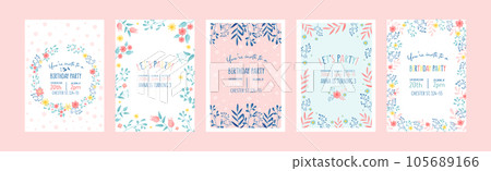 Creative Birthday Card Cover with Floral Branch and Flower Vector Set 105689166