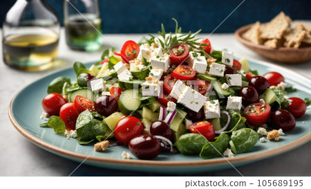 Greek salad of fresh cucumber, tomato, sweet pepper, lettuce, red onion, feta cheese and olives with olive oil. 105689195