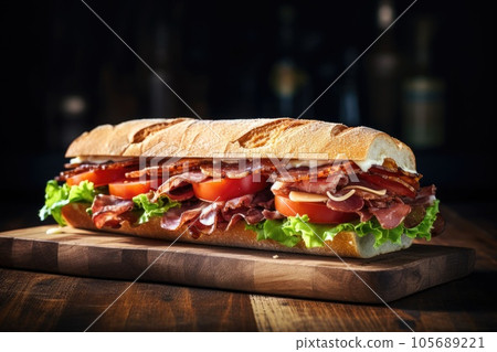 Sandwich with prosciutto, tomato and cheese on a wooden rustic background. Sandwich with prosciutto, tomato and cheese on a wooden rustic background. 105689221