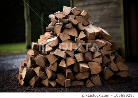 Stacked logs of firewood. Preparation for the heating season Stacked logs of firewood. Preparation for the heating season 105689283