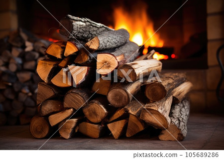 Stacked logs of firewood by the fireplace 105689286