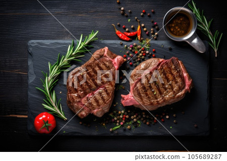Sliced grilled meat steak with spices rosemary and pepper on black marble board Sliced grilled meat steak with spices rosemary and pepper on black marble board 105689287