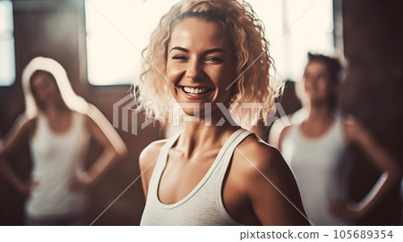 A group of women doing aerobics, dancing, and working out at a gym (Generative AI) 105689354
