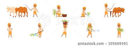 Indian Farmer Wearing Turban Cultivating Plants and Soil Vector Set Indian Farmer Wearing Turban Cultivating Plants and Soil Vector Set 105689391